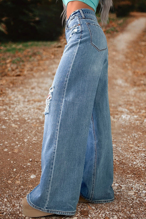 Retro Distressed Wide Leg Jeans