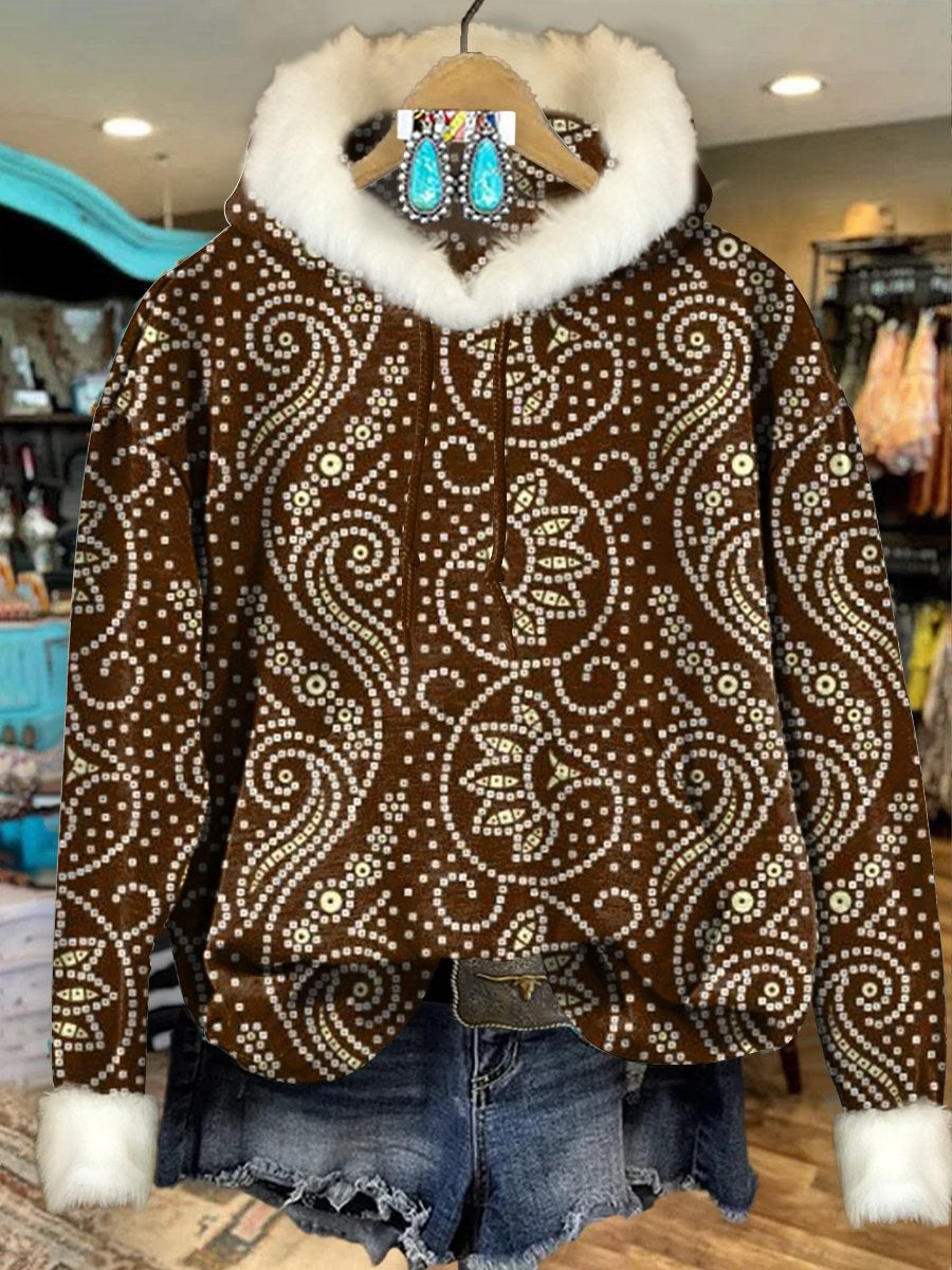 Brown Vintage Aztec Print Imitation Rabbit Fur Trim Casual Hoodie Sweatshirt