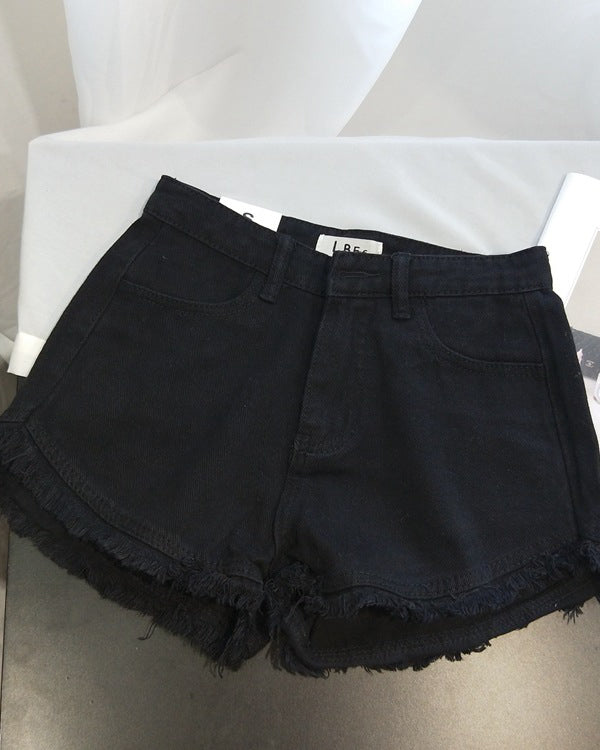 Solid Color Retro High Waist Raw Edge Fringed Denim Shorts