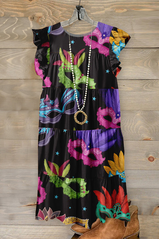 Sweet Mardi Gras Print Ruffled Pleated Dress