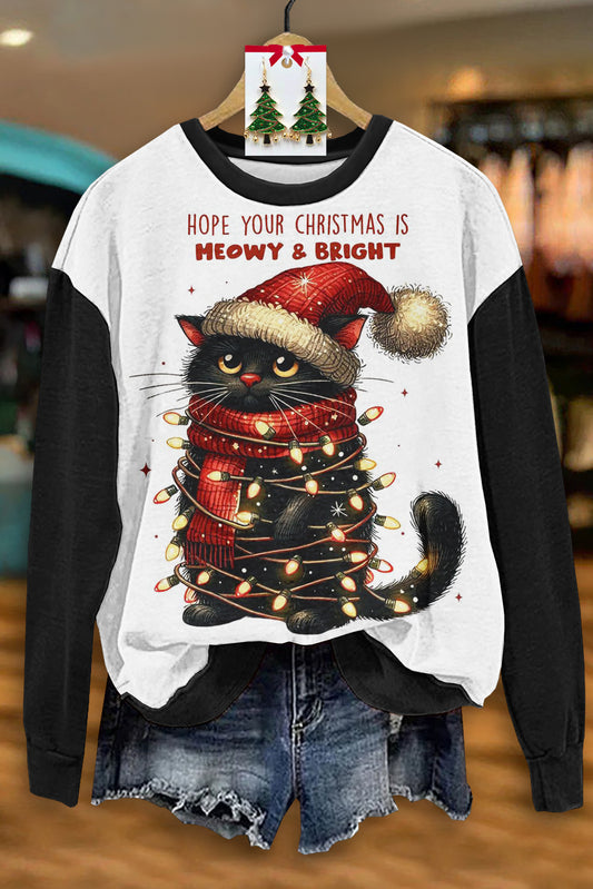 Cute Christmas Black Cat Print Long Sleeve Sweatshirt