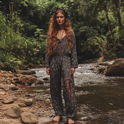 Women's Bohemian Holiday Style Vintage Embroidered Floral Totem Print Casual Jumpsuit