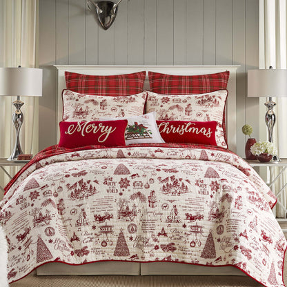 Yuletide Quilt Set - King Quilt (106x92in.)  Two King Pillow Shams (36x20in.) - Christmas Holiday Script - Red and Cream - Reversible - Cotton