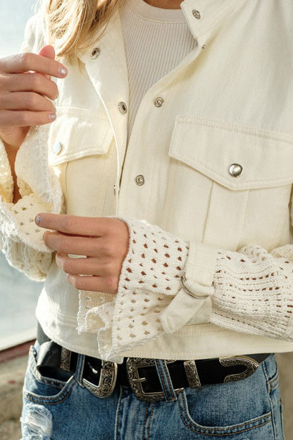 Twill Crop Crochet Sleeve Jacket  choice of colros