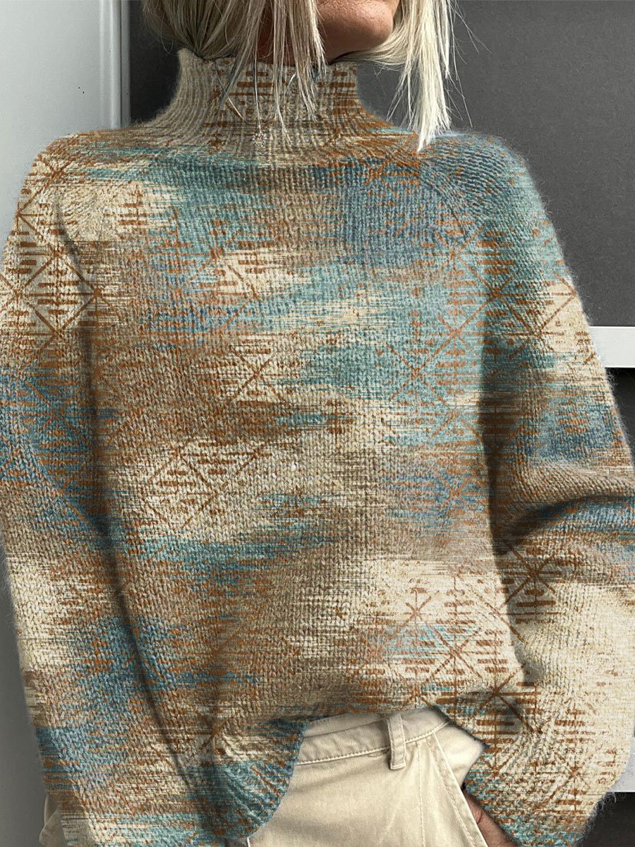 Gradient Art Print Knit Turtleneck Pullover Sweater