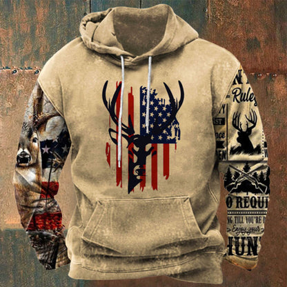 Vintage Men's Outdoor American Deer Print Hoodie