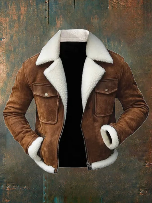 Men's Vintage Suede Multi-Pocket Plush Lapel Outdoor Jacket