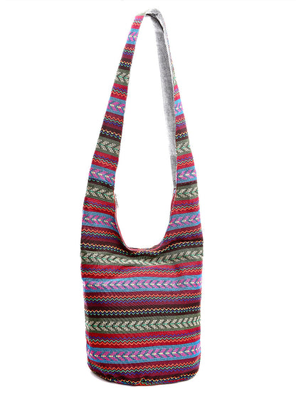 Ethnic Striped Print Zipper Large Capacity Bucket Bag