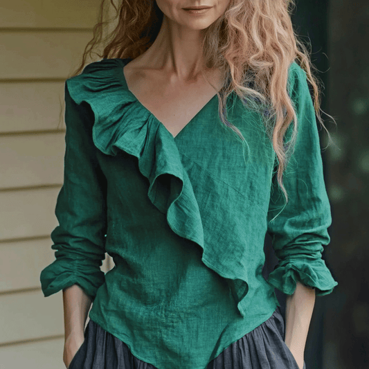 Women's Casual Linen Asymmetric Ruffle Simple Shirt