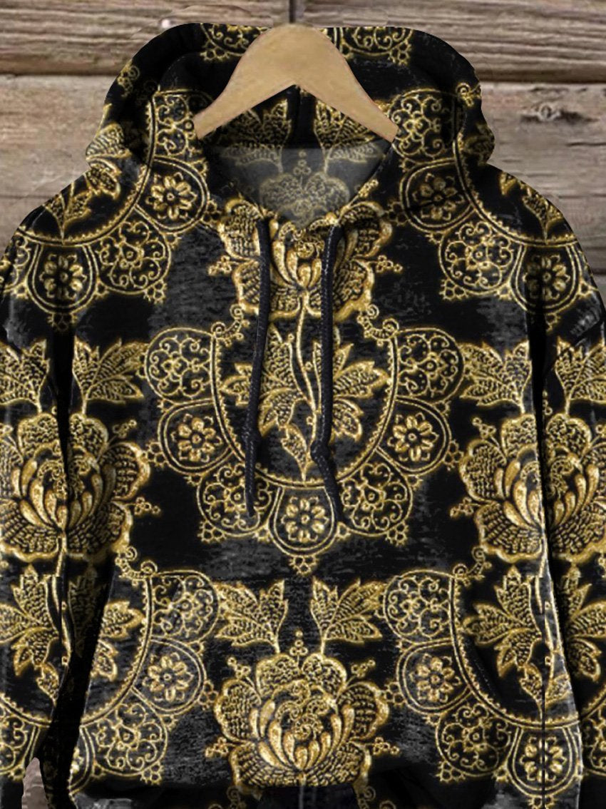 Retro Gold Floral Pattern Printed Casual Hoodie Sweatshirt