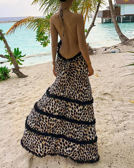 Leopard Print Cutout Lace Backless Strappy Halterneck Dress