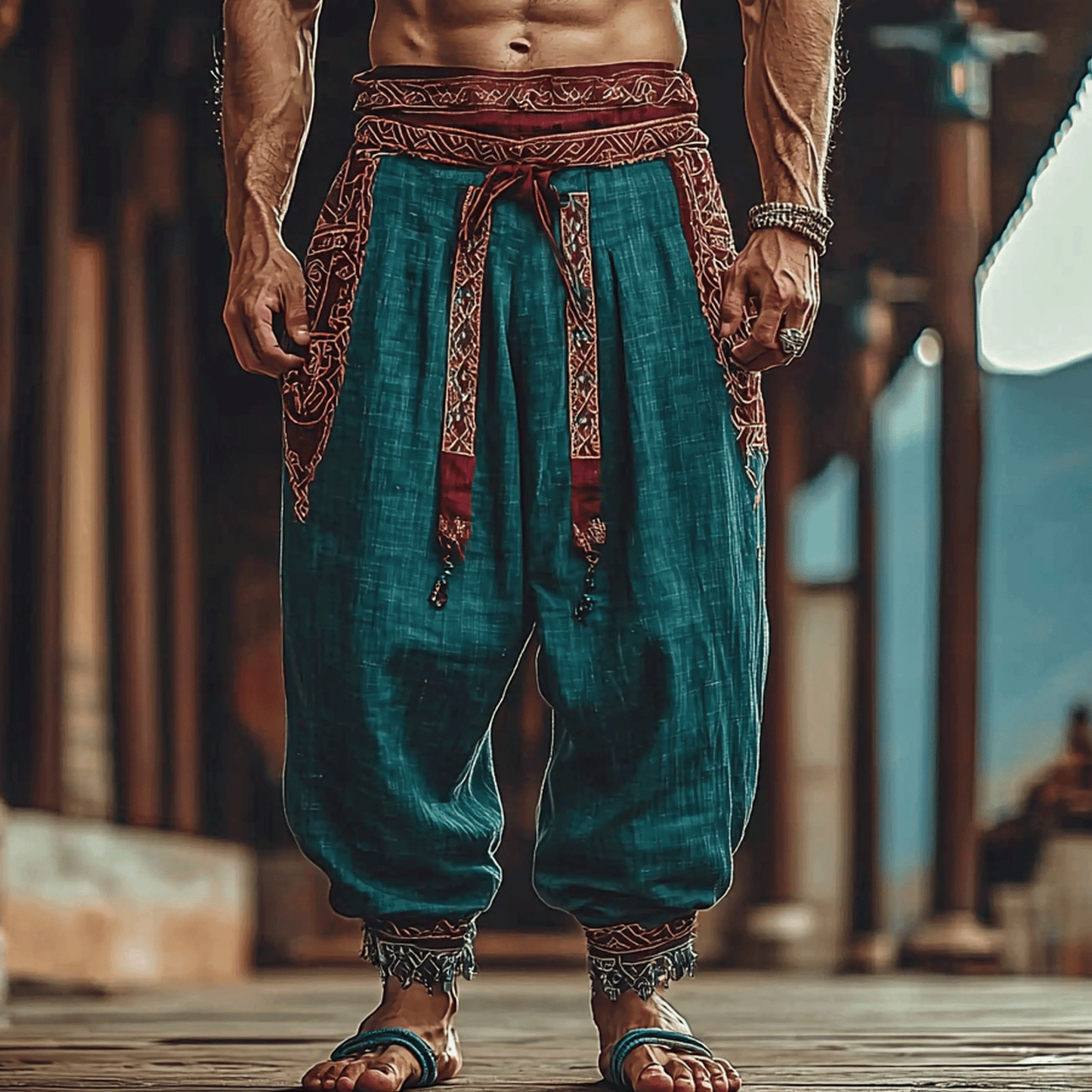 Men's Holiday Ethnic Stitching Linen Harem Pants