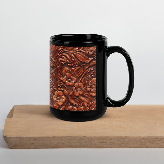 Leather Floral Print Black Glossy Mug