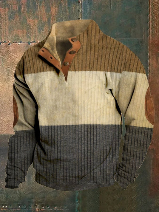 Men's Western Color Block Art Print Stand Collar Button Sweatshirt