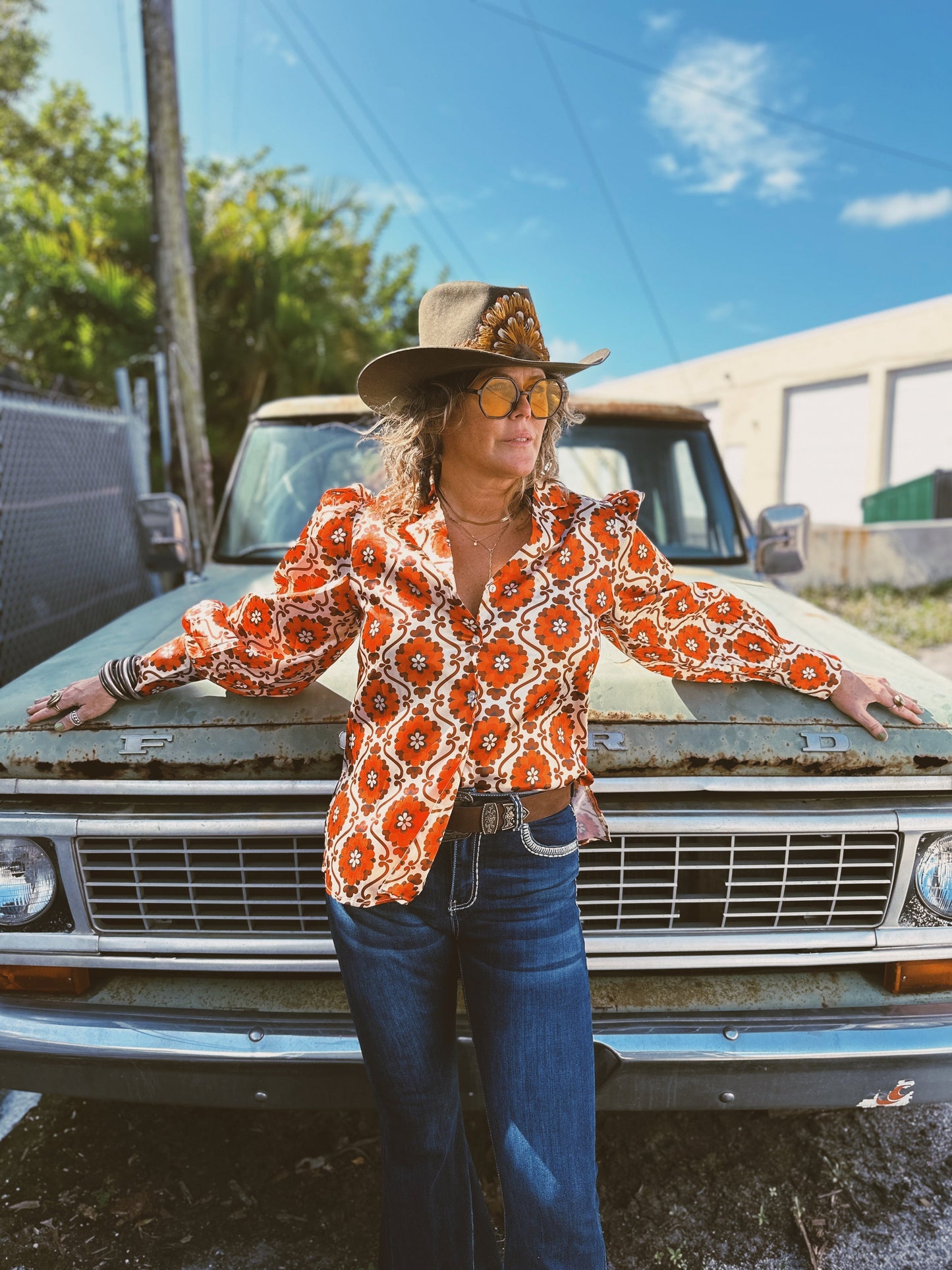 Going To California Satin Large Poppy Flower Pouf Sleeve Button Up Blouse