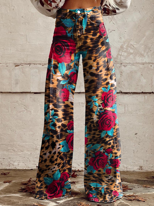 Women's Vintage Leopard Floral Print Casual Wide Leg Pants