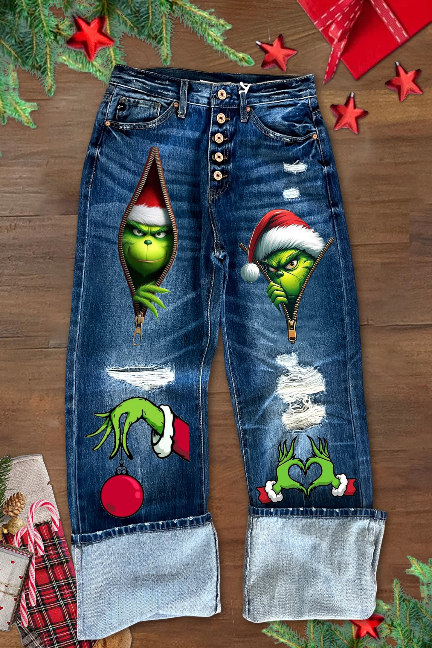 Unique Christmas Grinch Print Ripped High Waist Jeans