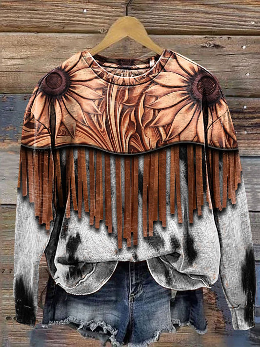 Floral Denim Tassel Spot Art Print Casual Sweatshirt