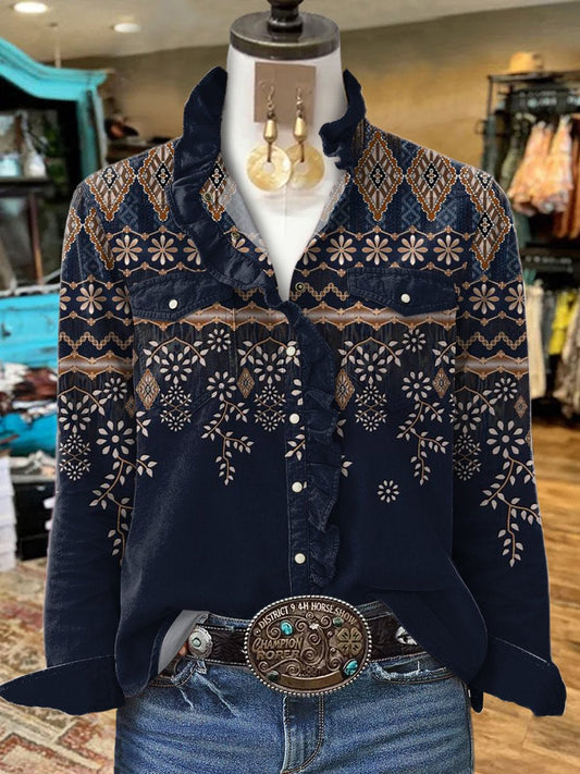 Women's Vintage Dark Blue Floral Rhombus Art Print Casual Long Sleeve Comfortable Cotton Shirt