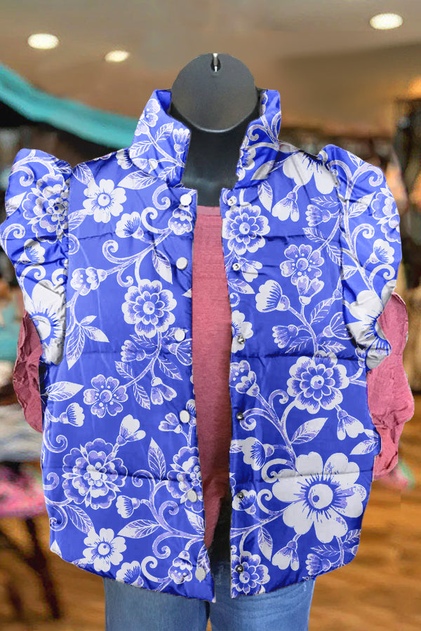 Elegant Blue Floral Print Ruffle Vest