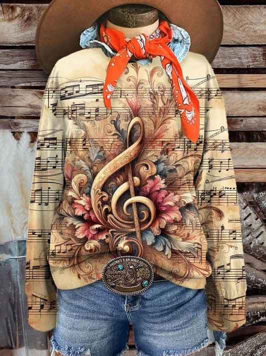 Women's Vintage Floral Musical Notes Art Print Casual Print Corduroy Sweatshirt