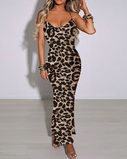 Leopard Print Sexy Backless Strappy Long Dress