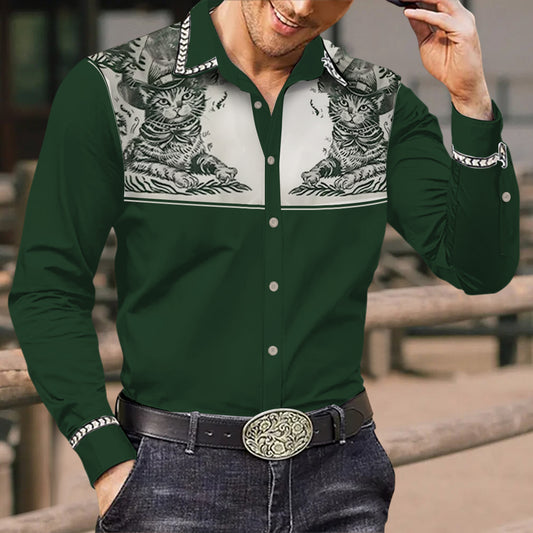 Men's Vintage Western Cowboy Cat Pattern Design Print Long Sleeve Shirt