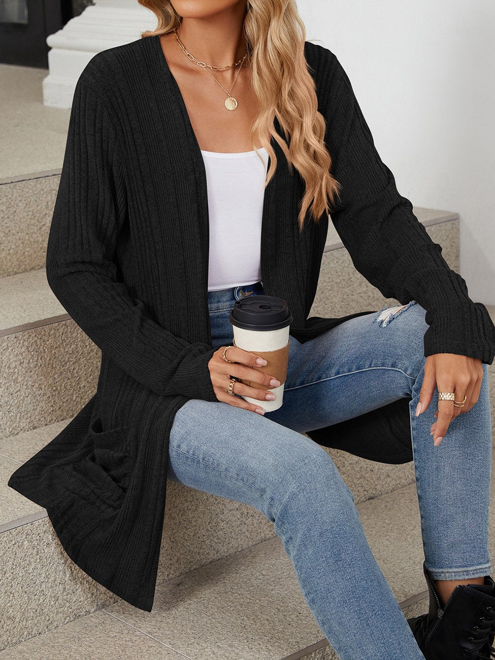 Women's Casual Solid Color Pit Long Sleeve Pocket Cardigan