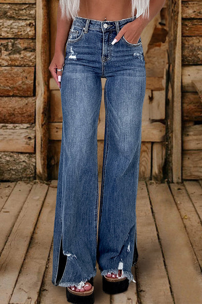 Vintage Washed Slit Wide Leg Jeans