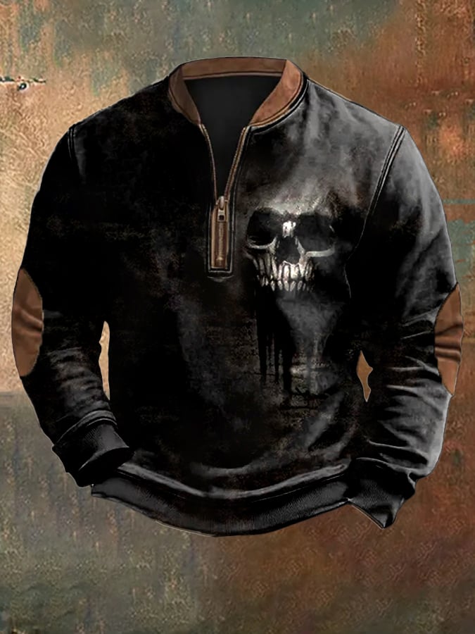 Men's Retro Color Block Skull Print Zip Collar Sweatshirt