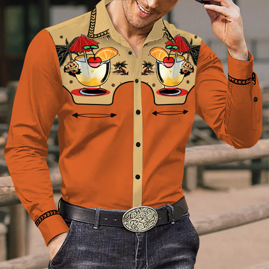 Men's Vintage Western Cowboy Holiday Soda Logo Print Long Sleeve Shirt