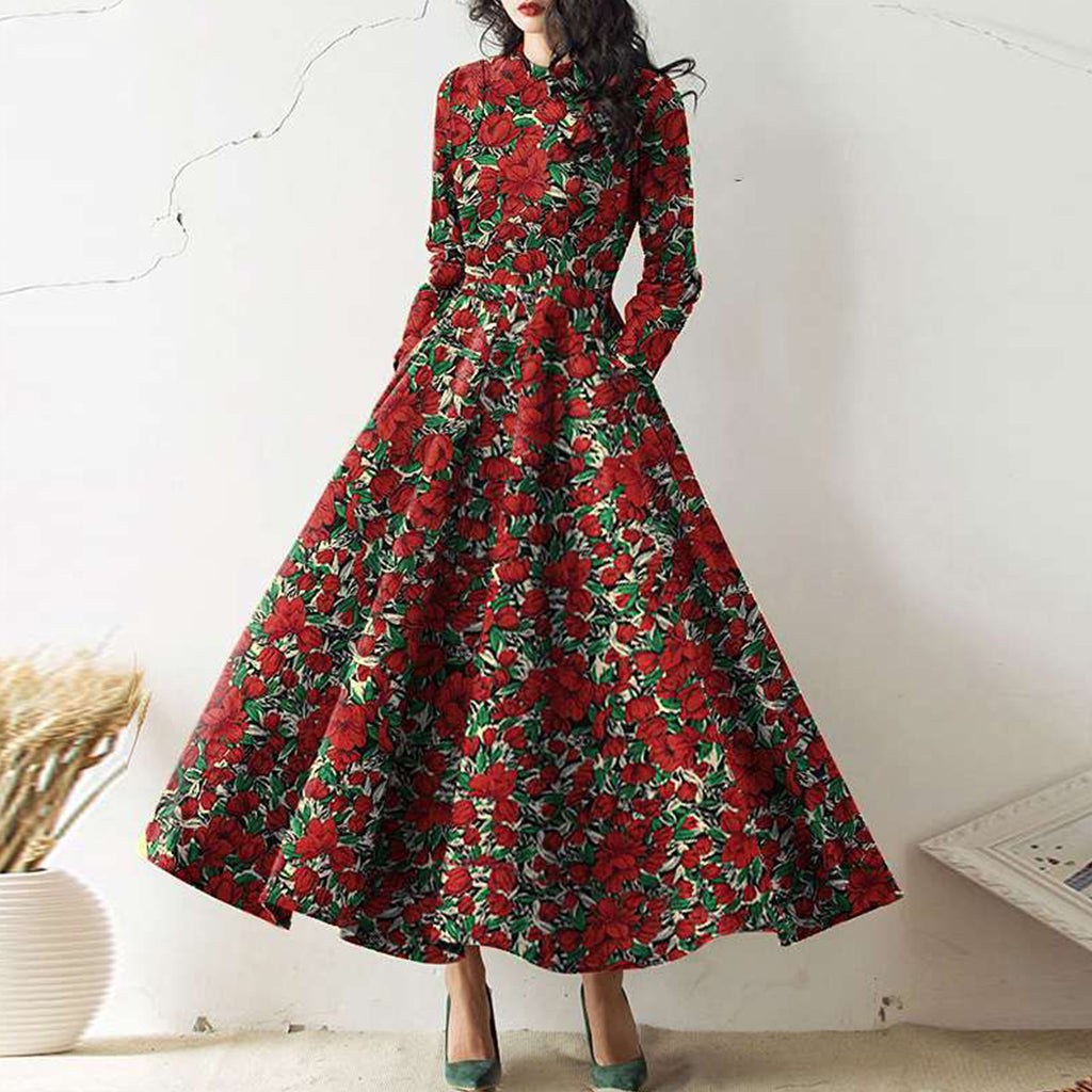 Long Sleeve Round Neck Pocket Print Temperament Long Dress