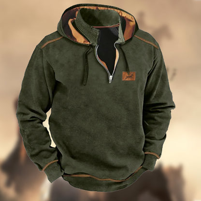 Men's Vintage Country Elk Hunting Contrast Zip-Up Stand Collar Patchwork Hooded Sweatshirt