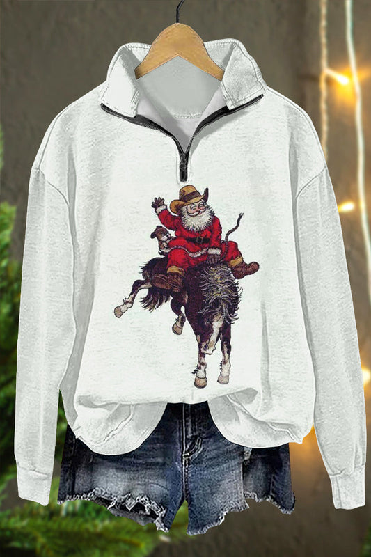 Funny Christmas Santa Horse Racing Print Sweatshirt