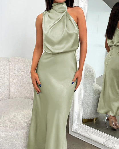 High-end Satin Sleeveless Dress Fashion Elegant Lady Light Evening Dress