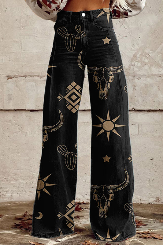 Western Cow Head Aztec Wide Leg Pants