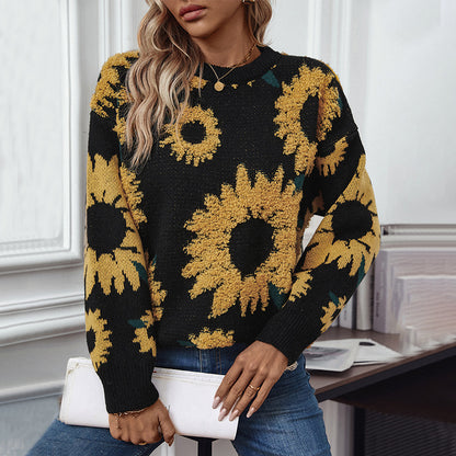 New Autumn And Winter Tops, Sunflower Round Neck Long-sleeved Knitted Pullover Sweaters For Women