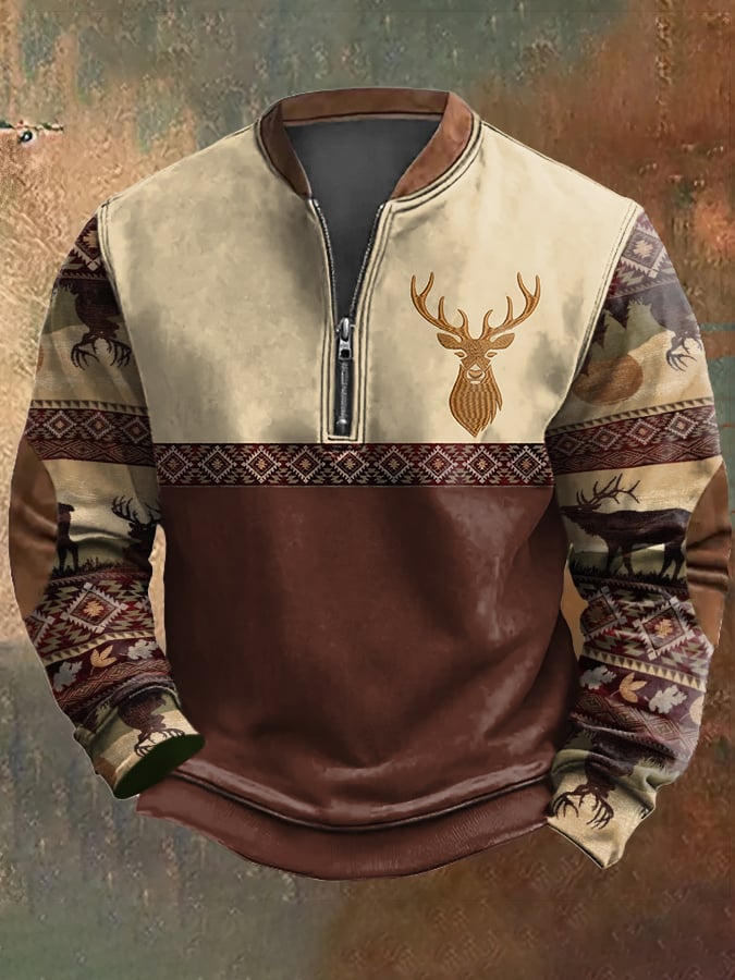 Men's Casual Vintage Elk Contrast Zip-Up Sweatshirt