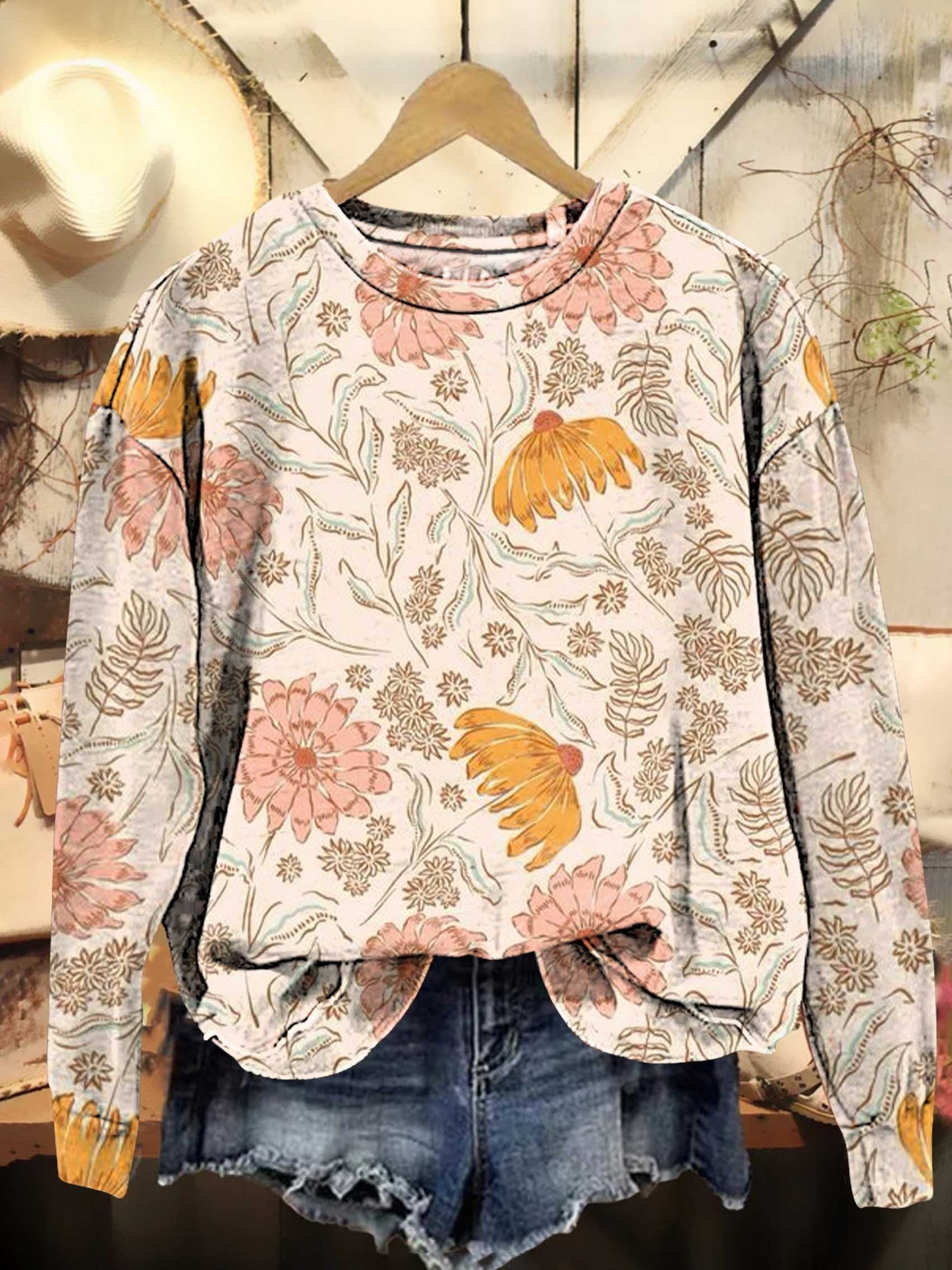 Retro Floral Pattern Casual Sweatshirt