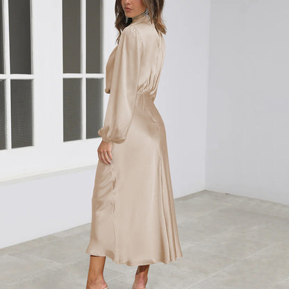 High-end Satin Long-sleeved Loose Dress, Elegant Women's Evening Dress