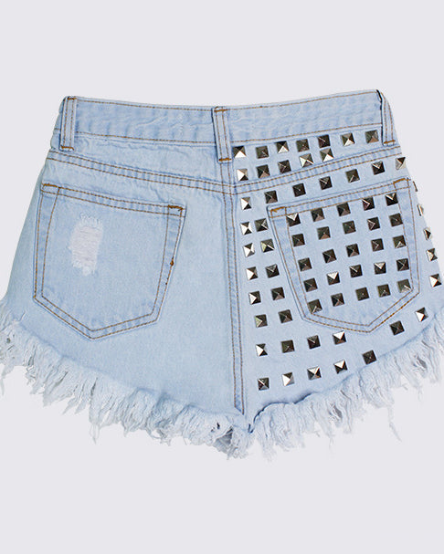 Distressed Rivets Irregular Whiskered Denim High-Waisted Shorts