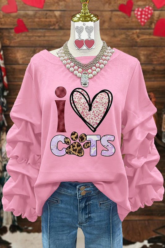 Cute Valentine's Day Cat Print Pleated Sweatshirt