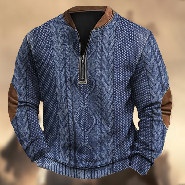 Men's Vintage Western Knit Print Zipper Stand Collar Casual Sweatshirt