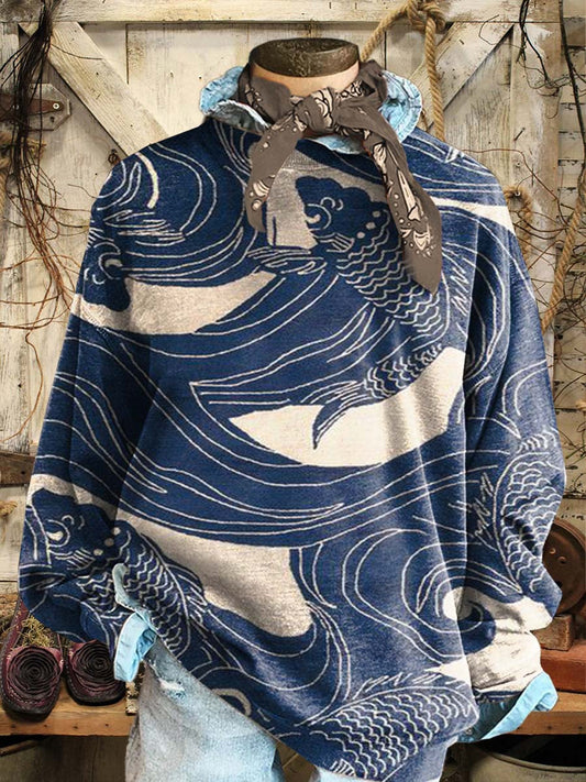 Vintage Oriental Waves & Fish Print Casual Sweatshirt