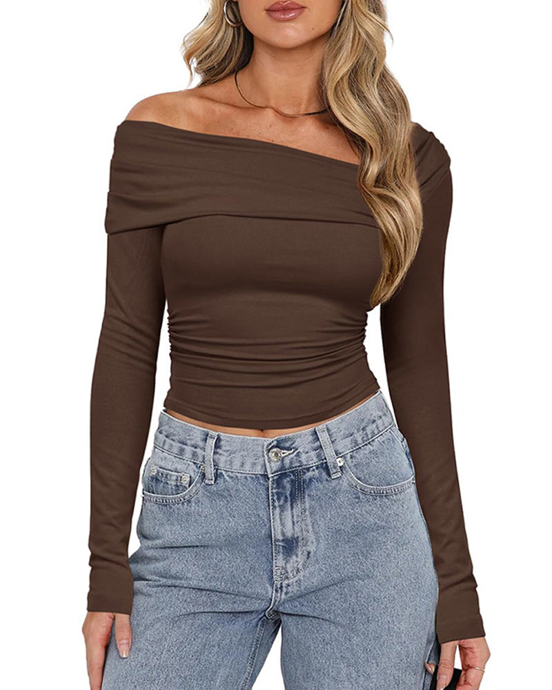 One-Shoulder Long-Sleeved Open-Back Gathered Top T-Shirt