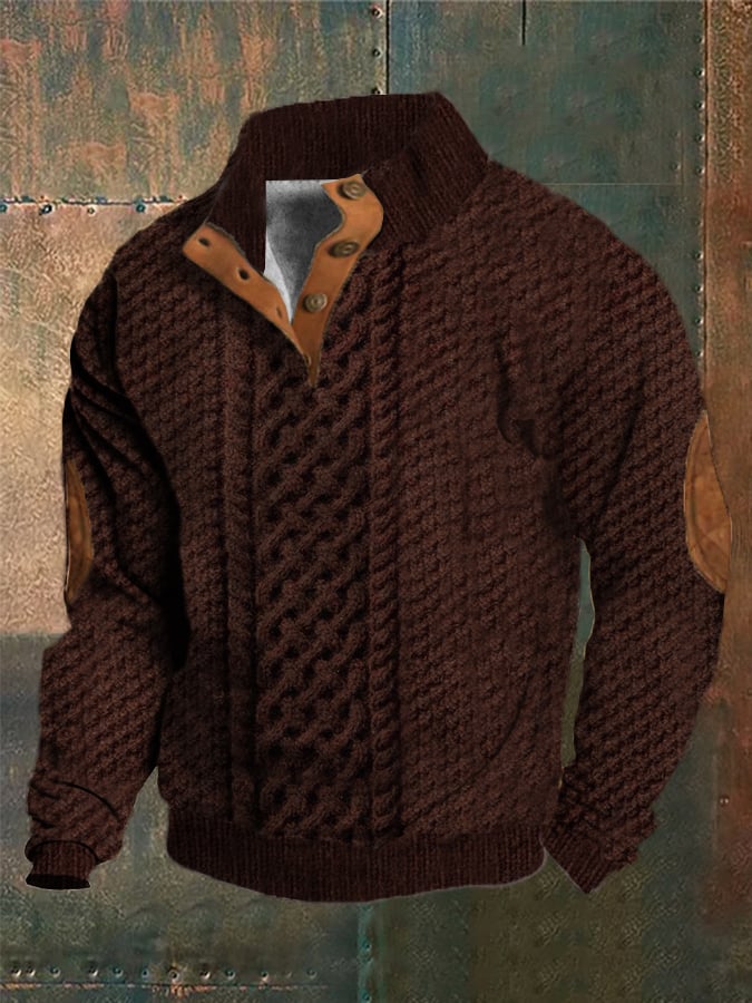 Men's Western Vintage Knitted Jacquard Print Stand Collar Button Sweatshirt