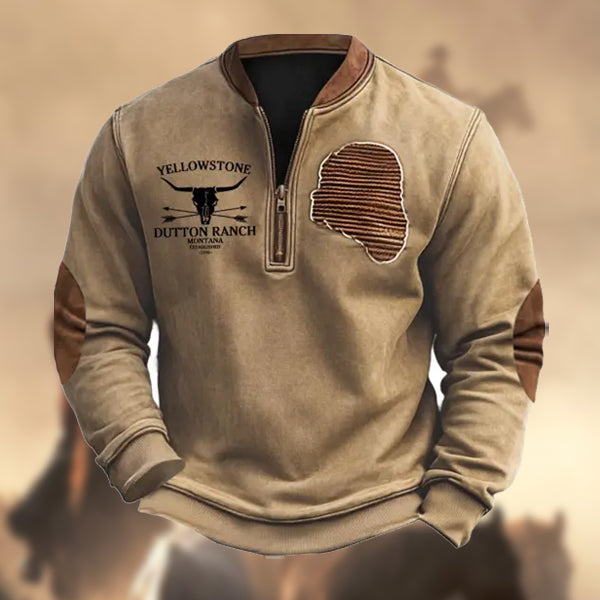 Men's Vintage Yellowstone Pressed Sleeve Elbow Patch Henley Zipper Long Sleeve Sweatshirt