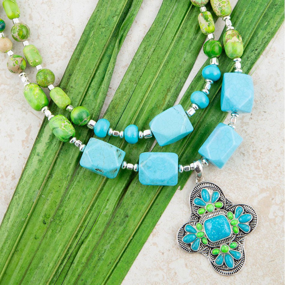 Barse Zion Lime Green and Blue Turquoise and Sterling Silver Statement Necklace