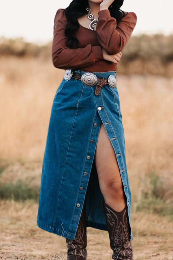 Vintage Washed Button Slit Denim Skirt-0520