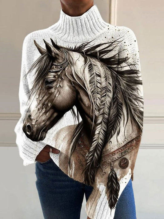 Retro Colorful Brave Horse Print Knit Turtleneck Pullover Sweater